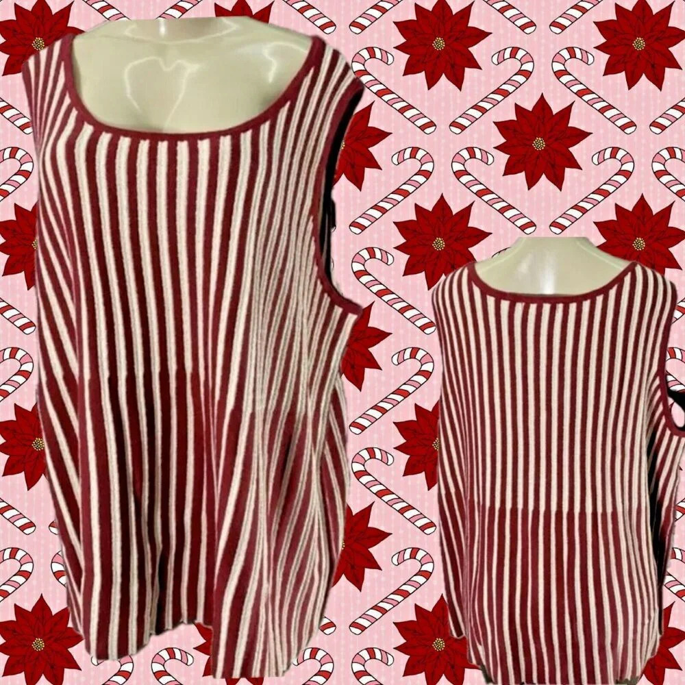 Jessica London + 3X Red Vertical Metallic Gold Striped Scoop Neck Sweater Tank